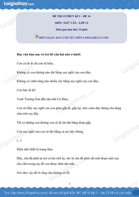 Đề số 14 - Đề kiểm tra 15 phút - Học kì 2 - Ngữ văn 12